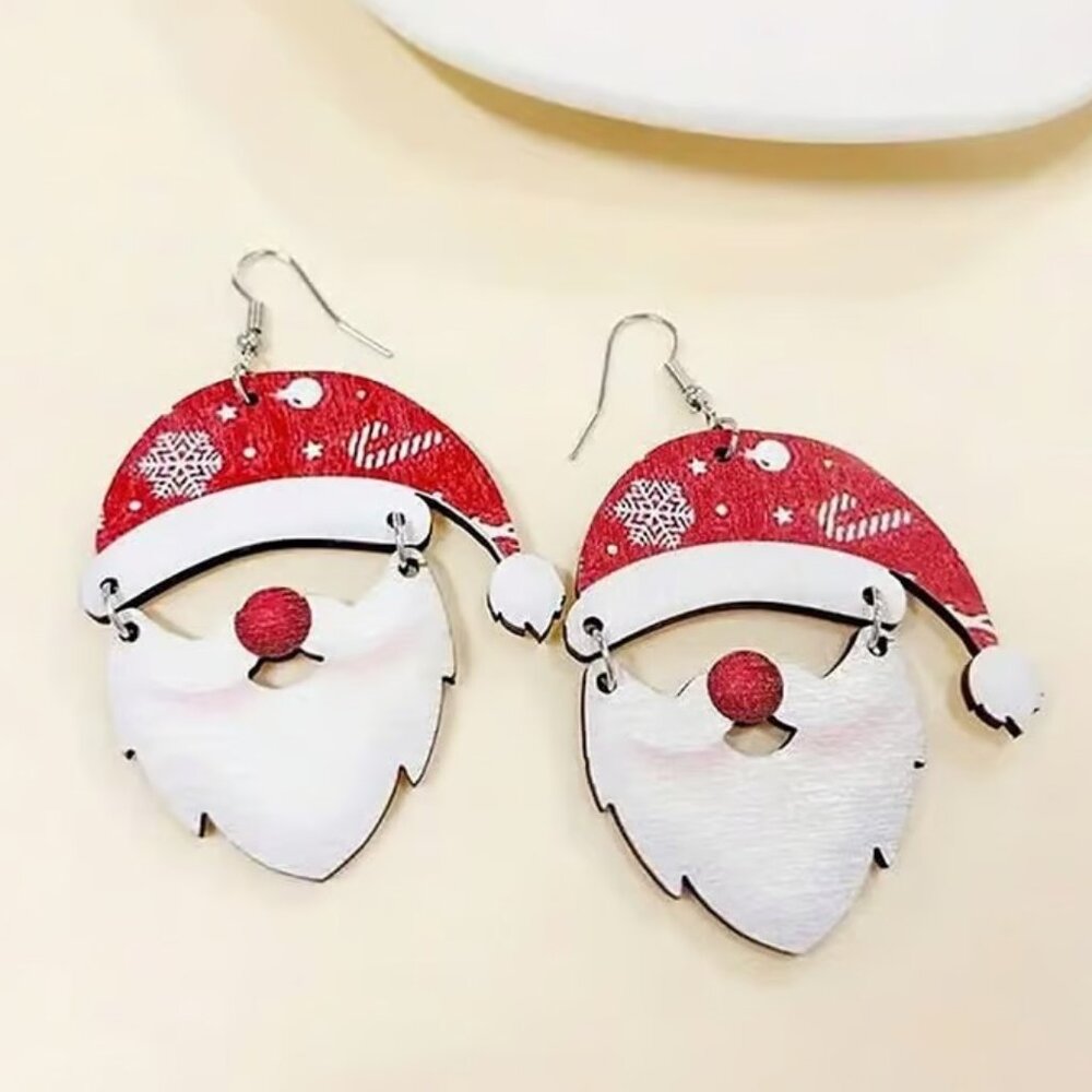 Wooden SANTA CLAUS Christmas Dangle Earrings